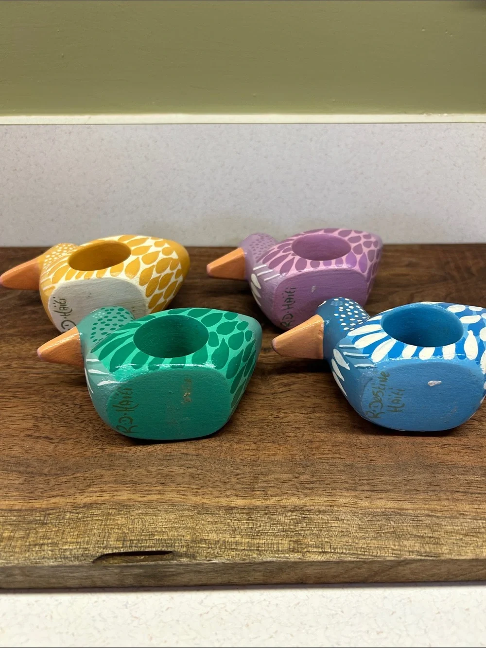 Hand-Painted Wooden Duck Napkin Ring set- Blue, Green, Yellow, Purple